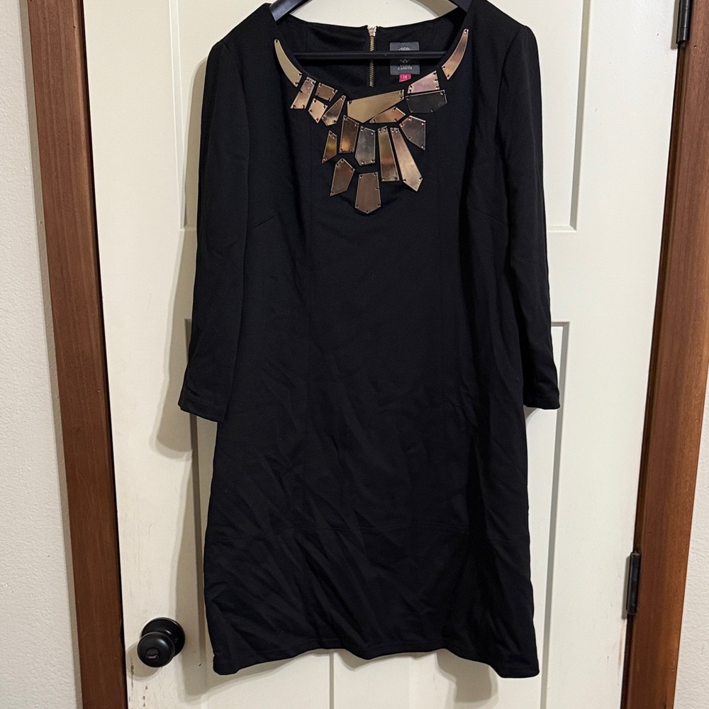 Vince Camuto Elegant Black Dress with Gold Accents